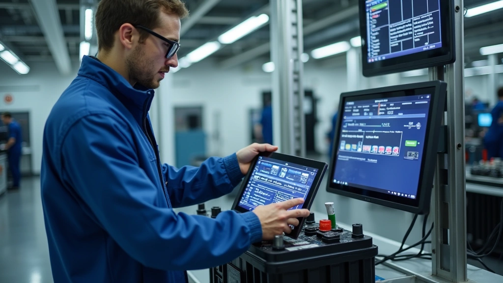 Professional automotive engineer examining electric vehicle battery pack in modern laboratory with advanced testing equipment and digital displays