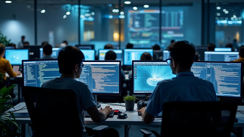 Team of software engineers collaborating around computer workstations with multiple monitors displaying autonomous vehicle sensor data and code