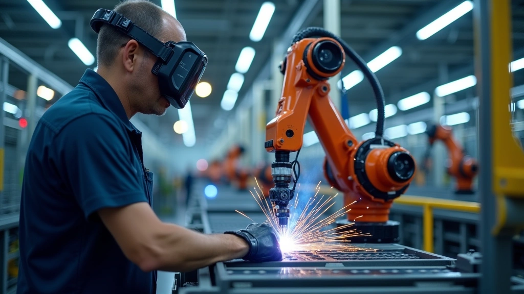 Manufacturing technician programming industrial robot arm on modern vehicle assembly line with welding equipment and quality control systems