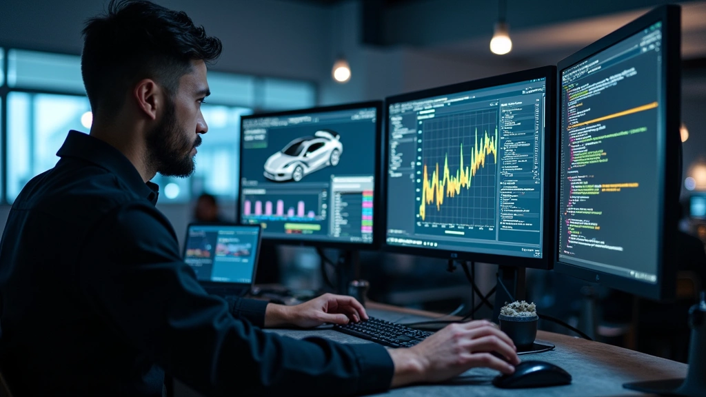 Professional automotive software engineer at workstation with multiple displays showing vehicle telemetry data and code editors, modern tech office environment
