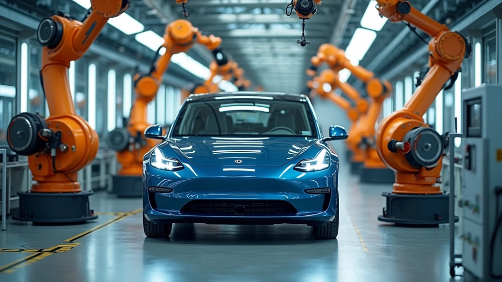 Electric vehicle assembly line with robotic arms performing precision manufacturing tasks, modern automotive factory floor