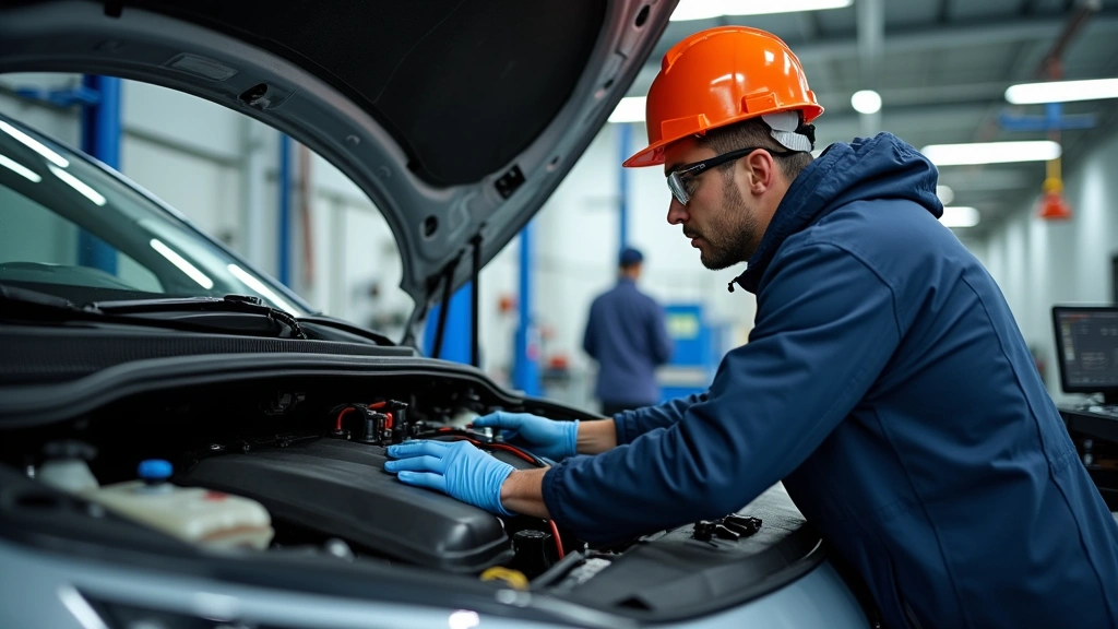 Professional automotive technician wearing safety gear working on electric vehicle battery system in modern service bay with diagnostic equipment and computer terminals visible