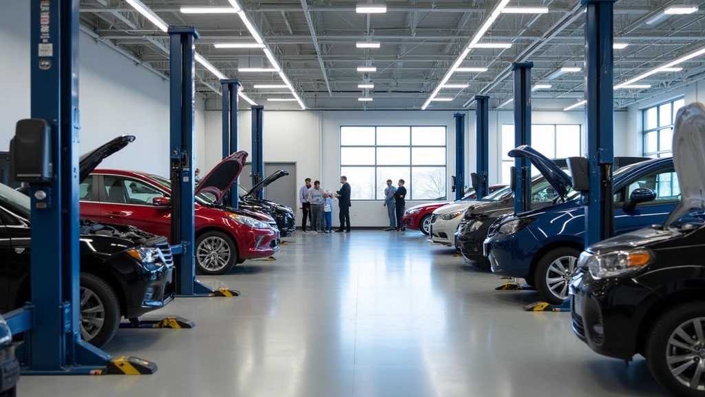 State-of-the-art automotive training facility with multiple service bays, lift equipment, diagnostic computers, and students working on hybrid and electric vehicles under instructor supervision
