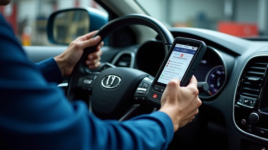 Certified automotive technician using advanced diagnostic scanner on vehicle dashboard, demonstrating technical expertise with modern automotive software and electronic systems