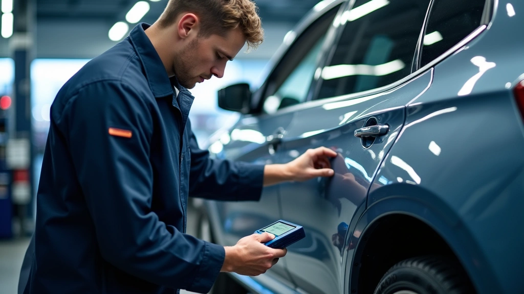 Modern automotive technician using diagnostic scanner on latest model vehicle in professional service center with LED lighting and advanced equipment
