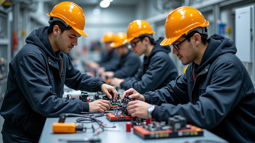 Hands-on training workshop with students working on hybrid electric vehicle battery systems and high-voltage components with proper safety equipment