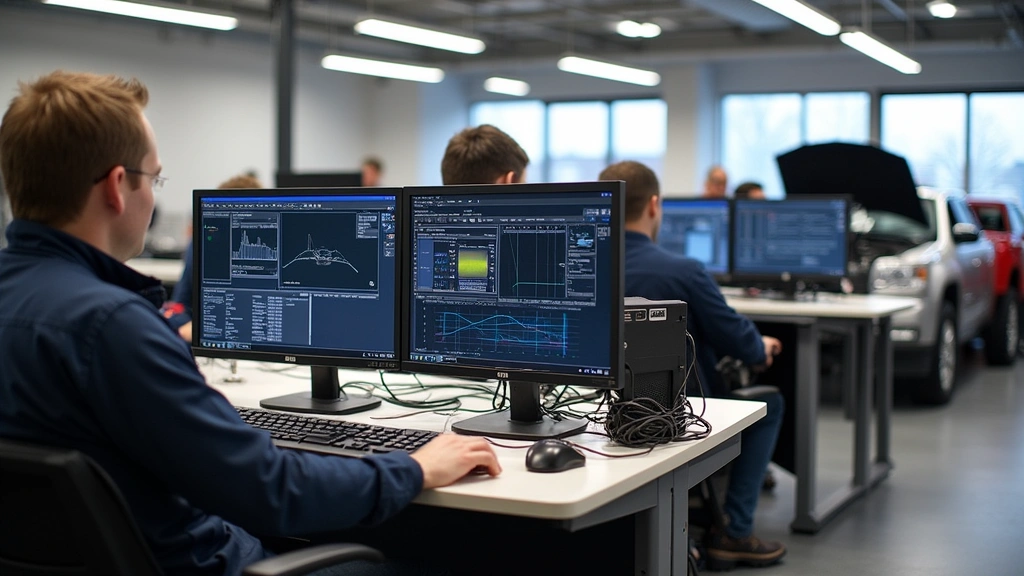 State-of-the-art automotive classroom with computer workstations displaying diagnostic software and multiple training vehicles in background