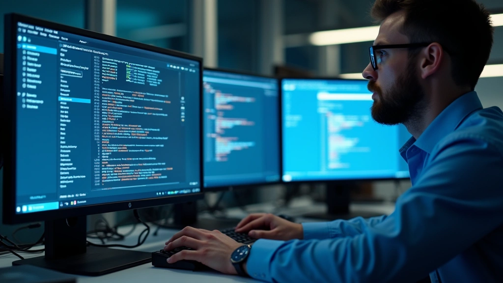 Professional forensic analyst examining computer evidence on multiple monitors with digital forensics software interface displaying file system data and timeline analysis visualizations in modern lab environment