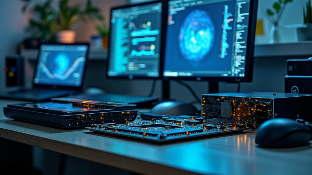 Forensic evidence examination setup showing computer hardware components, storage devices, and investigative equipment arranged on professional workbench with digital analysis tools in background