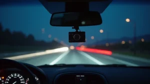 Professional automotive dash camera mounted on windshield with 4K lens, night driving scenario with clear highway visibility, modern vehicle interior background, photorealistic product photography