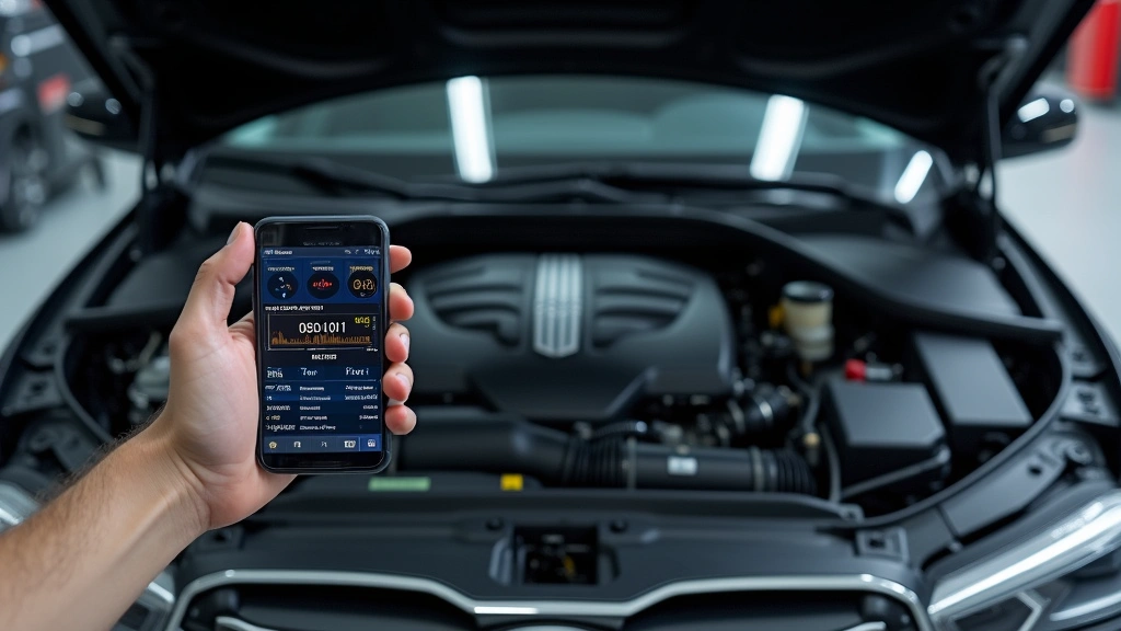 Open car engine bay with diagnostic OBD-II scanner connected via Bluetooth to smartphone displaying real-time engine parameters and diagnostic codes, professional automotive workshop environment, detailed sensor visualization