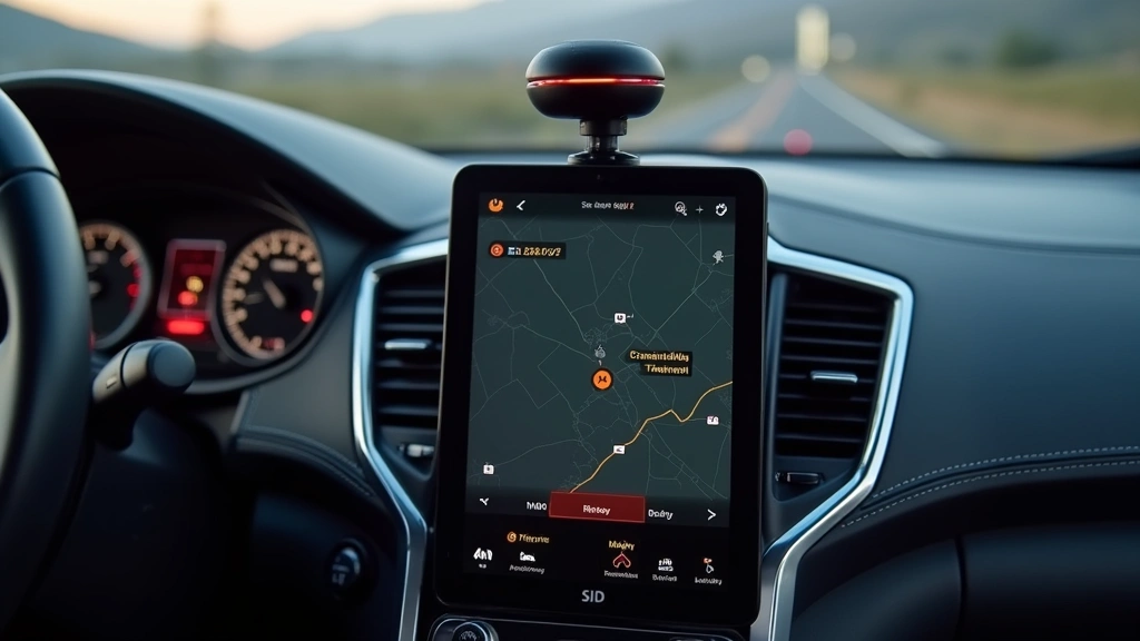 GPS vehicle tracker mounted on car dashboard with LED indicators active, showing real-time location tracking interface on smartphone screen nearby, modern automotive interior with clear visibility, professional tech product display