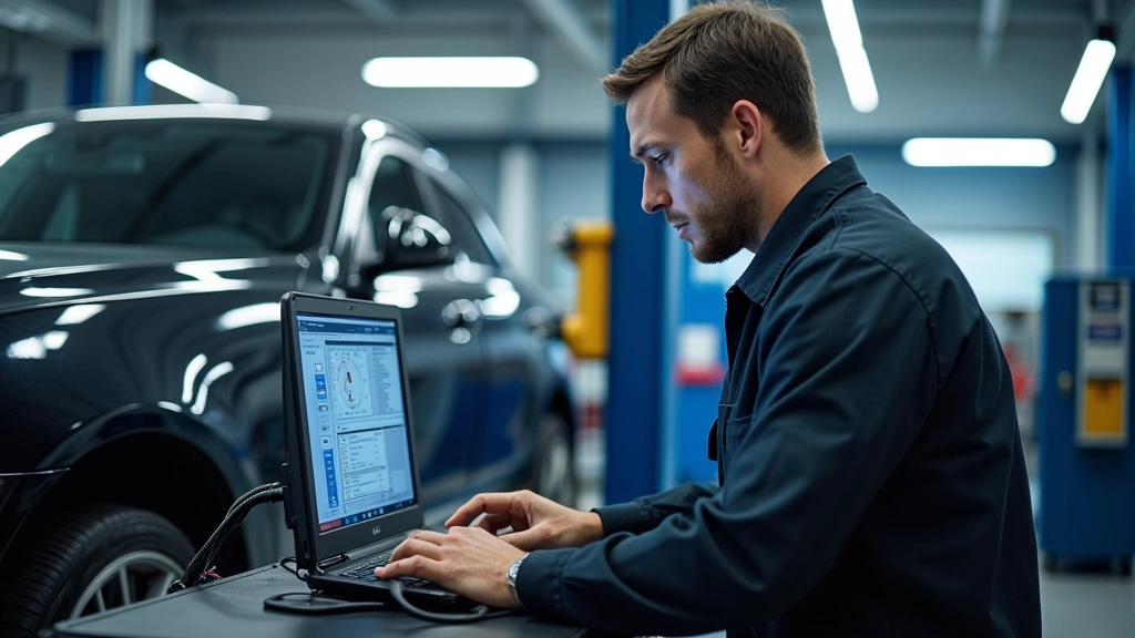 Professional automotive technician using advanced diagnostic computer equipment on modern vehicle in bright well-lit service bay with professional tools and equipment visible