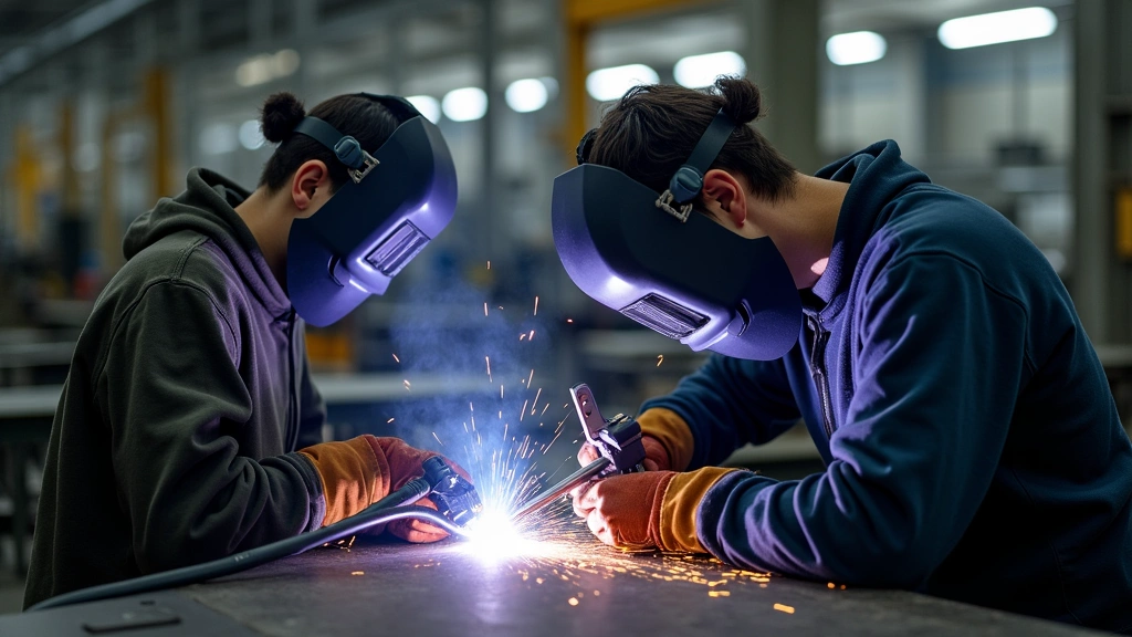 Students wearing safety gear practicing precision welding techniques with modern welding equipment, sparks flying, focused concentration on metalwork in technical workshop
