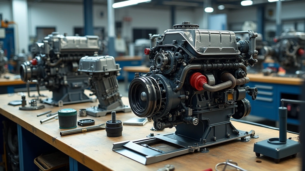 Diesel engine training equipment and components displayed in educational workshop setting with detailed mechanical parts and diagnostic tools arranged for hands-on learning