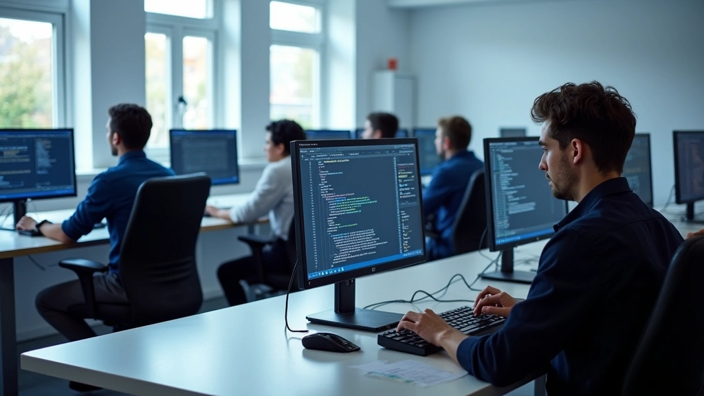 Modern computer laboratory with high-performance workstations, students collaborating at desks with multiple monitors, natural light from windows, contemporary tech workspace aesthetic