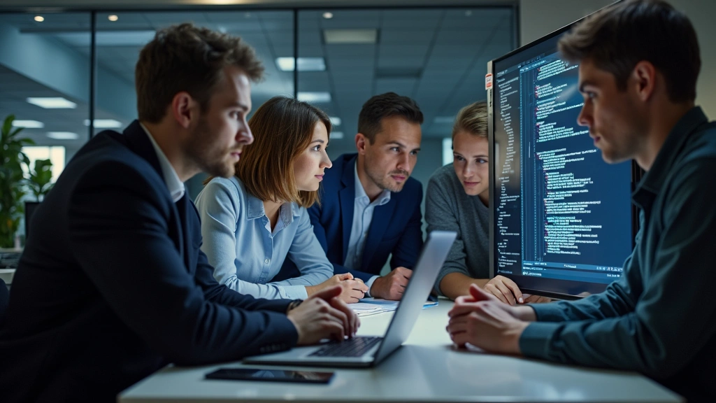 Diverse group of students working together on a software development project, looking at code on a large display screen, engaged collaborative learning environment, professional atmosphere