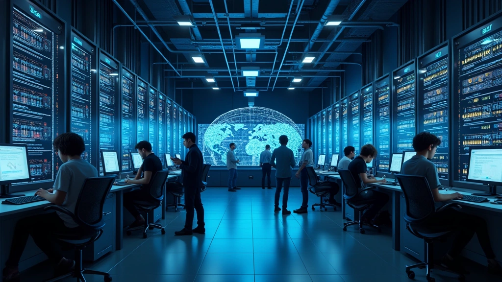 Advanced networking and cybersecurity lab with server equipment, network diagrams on walls, students examining infrastructure, technical equipment setup, modern IT facility