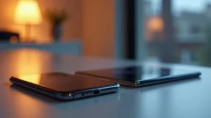Professional photography of latest flagship smartphones arranged on sleek desk with modern minimalist aesthetic, warm lighting, shallow depth of field highlighting device details
