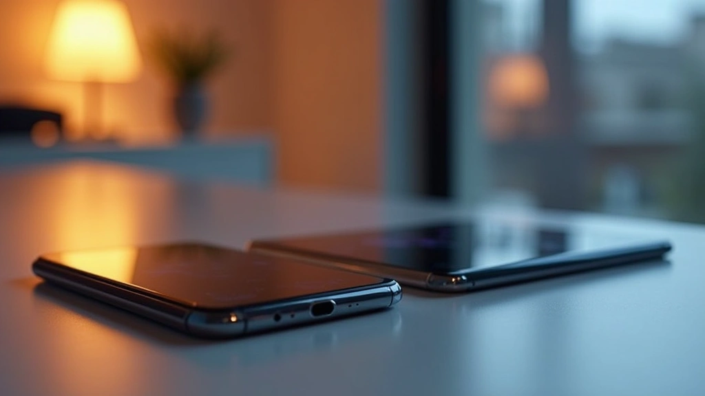 Professional photography of latest flagship smartphones arranged on sleek desk with modern minimalist aesthetic, warm lighting, shallow depth of field highlighting device details