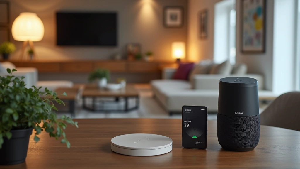 Modern smart home setup featuring smart speaker, connected lighting system, security camera, and intelligent thermostat integrated together in contemporary living room environment