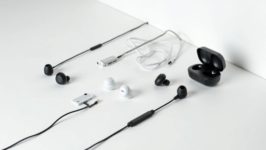 Collection of premium wireless earbuds and headphones displayed on white surface with cables neatly organized, showing different form factors and styles available in current market