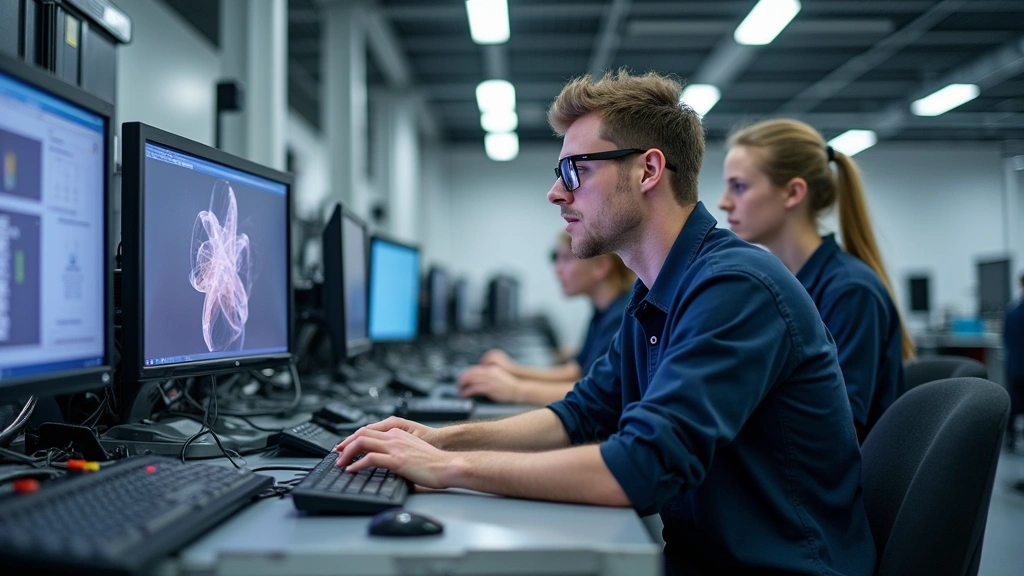 Modern vocational classroom with students using advanced CNC machining equipment and digital displays, professional technical training environment, bright lighting, focused learner engagement