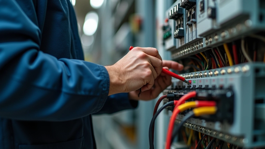 Close-up of hands working on industrial electrical wiring panel with multimeter tool, detailed technical craftsmanship, professional lighting highlighting precision work and modern equipment