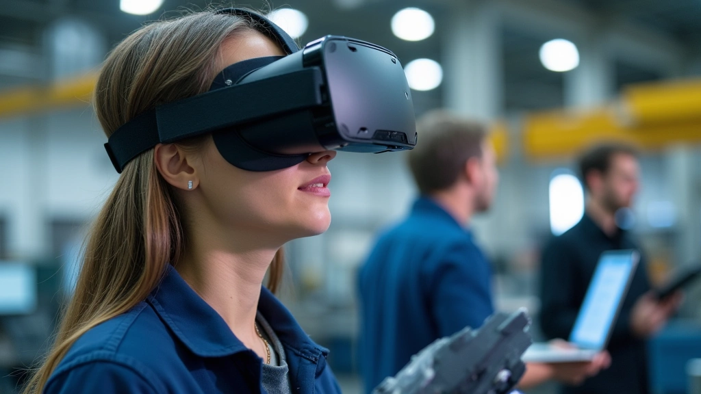 Virtual reality training headset being used in vocational lab setting with industrial equipment visible in background, student practicing technical procedures, contemporary learning technology integration