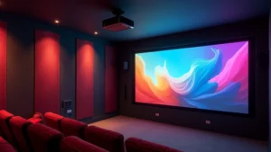 High-end 4K laser projector mounted on ceiling, projecting vibrant colorful test pattern on wall, professional home theater environment with dark acoustical panels