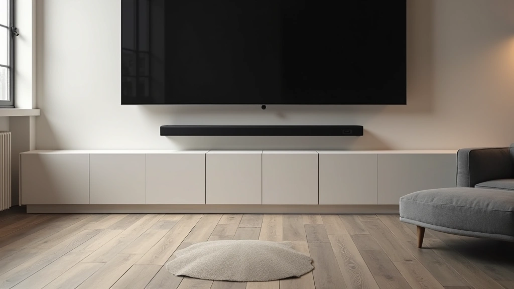 Sleek modern soundbar with upward-firing drivers positioned below wall-mounted television, minimalist living room with neutral tones and professional lighting