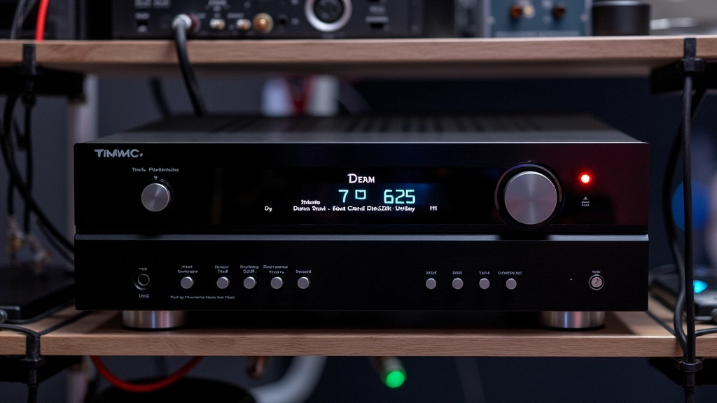 Professional AV receiver with illuminated display panel showing volume and input selection, surrounded by organized cable management and studio-grade equipment