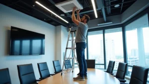 Professional AV technician installing ceiling-mounted speakers and video display in modern corporate conference room, using ladder and professional tools