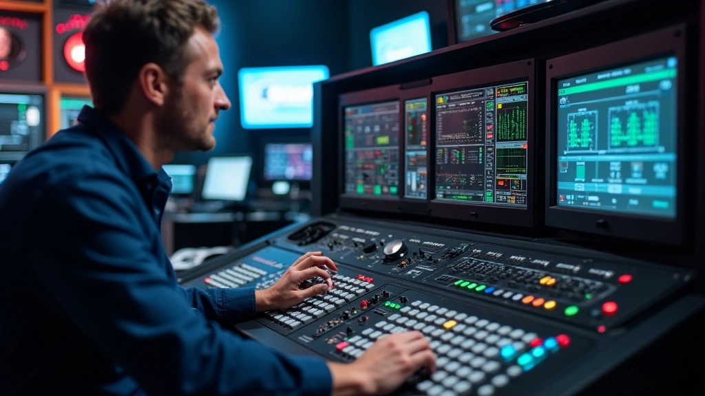 AV systems engineer examining control panel with networking ports, fiber optic connections, and professional audio/video equipment in broadcast studio setting