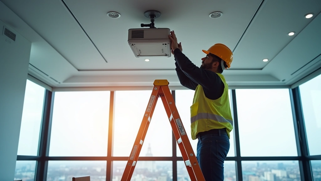 Professional AV technician installing ceiling-mounted projector in modern corporate boardroom, working with ladder and technical equipment, wearing safety gear, bright daylight through windows