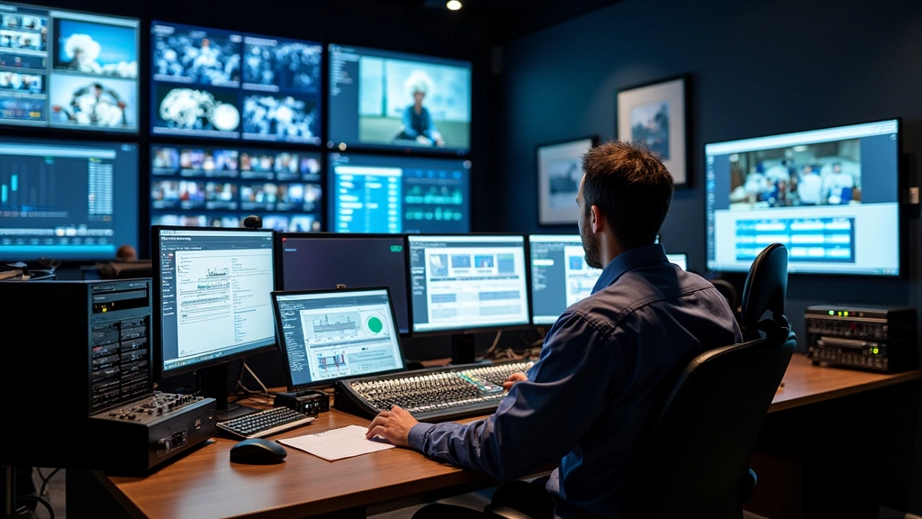 Audio-visual control room with multiple monitors displaying system dashboards, professional audio mixing console, networking equipment racks, technician monitoring live event broadcast feeds