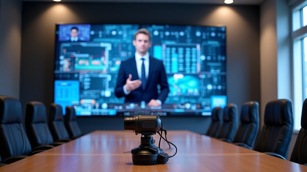 AV systems integrator designing complex conference room setup with large display screen, video conferencing camera, professional microphone arrays, and control panels on wall-mounted installation