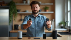 Dad holding multiple tech gadgets including smartwatch, power bank, and smart speaker in modern kitchen workshop environment, natural lighting, professional photography style, no logos visible