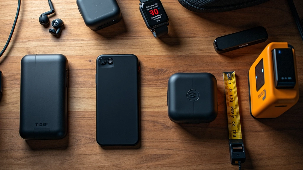 Overhead flat lay arrangement of popular dad tech gadgets: wireless earbuds, portable charger, smart home device, fitness tracker, laser measurer, all on wooden workbench surface with warm lighting
