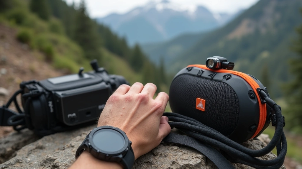 Outdoor scene showing rugged tech gadgets in use: GPS watch on wrist, weather-resistant speaker on camping table, headlamp mounted on gear, natural daylight environment, mountain backdrop, realistic product positioning