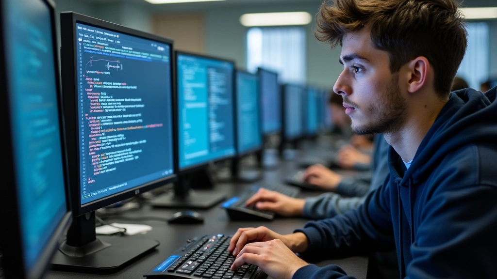 Close-up of a Georgia Tech student working on a computer engineering project with circuit boards and programming displayed on monitors in a modern lab environment