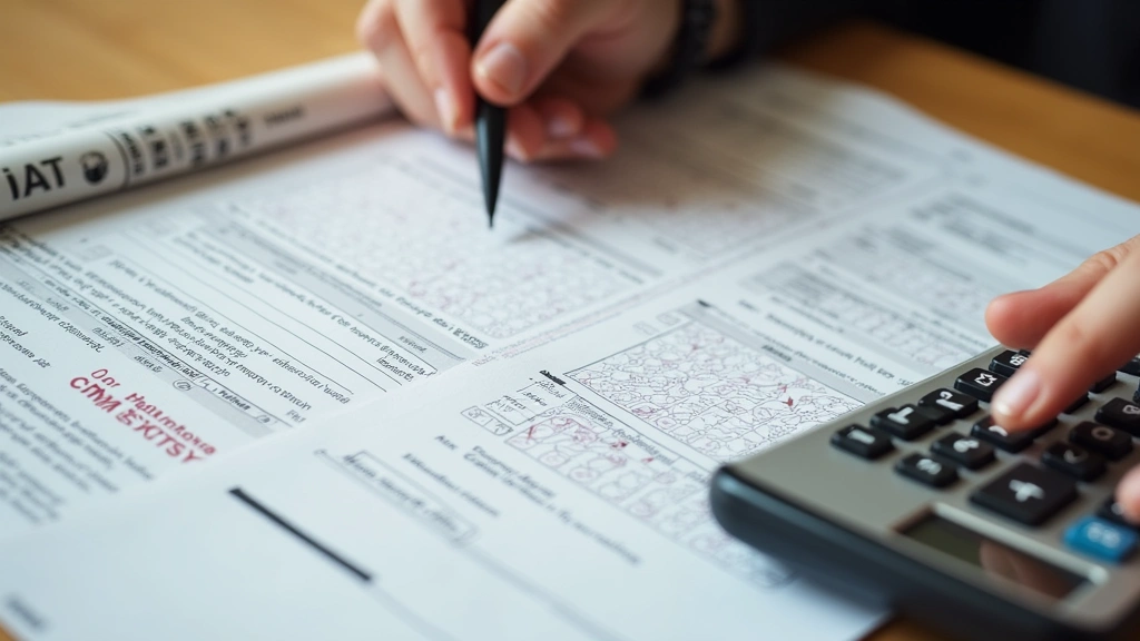 Academic achievement concept showing a student reviewing SAT and ACT test preparation materials with a calculator and high school transcript on a desk
