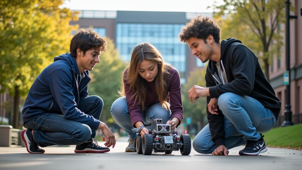 Georgia Institute of Technology campus building with students collaborating on a robotics or technology project outside, showing innovation and academic excellence