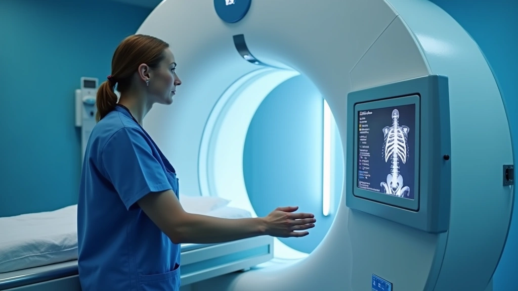 Professional MRI technician operating advanced magnetic resonance imaging scanner in modern hospital diagnostic imaging department, focused on equipment control panel