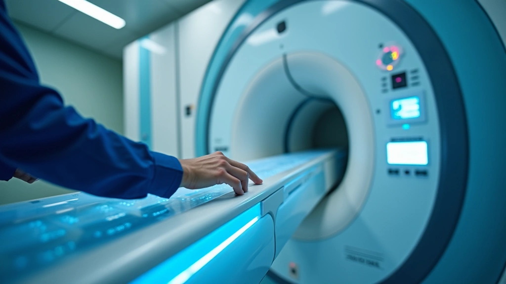 Close-up of MRI machine control interface with technician's hands operating sophisticated medical imaging equipment in clinical setting