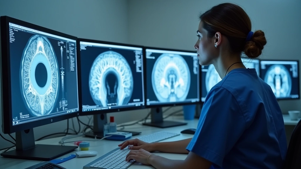 Healthcare professional in medical scrubs reviewing MRI diagnostic images on multiple computer monitors in hospital imaging center workspace