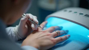 Professional nail technician performing gel manicure on client's hand, using UV lamp and professional tools in modern salon environment, close-up detail shot