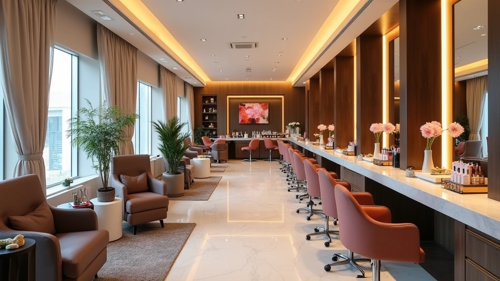 Luxury nail salon interior with multiple workstations, comfortable client seating, elegant decor, professional lighting, upscale beauty environment