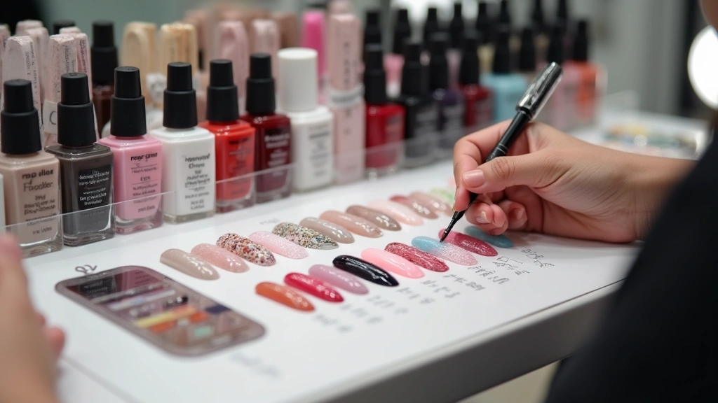 Nail technician displaying various nail art designs, color swatches, and premium product bottles on organized salon display, professional beauty products showcase