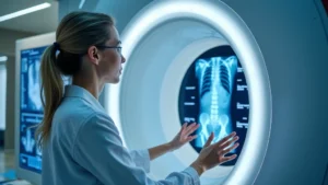 Professional radiologic technologist operating modern CT scanner in hospital imaging department, focused expression, hands on control panel with multiple monitors displaying medical scans